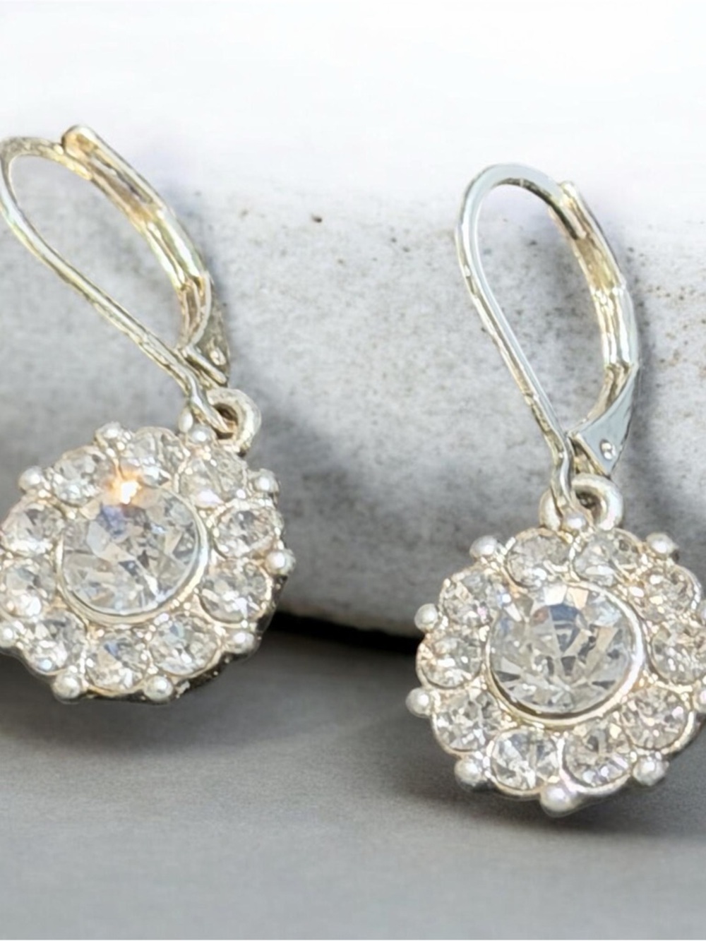 Crystal Halo Drop Earrings - Silver Tone Lever Back